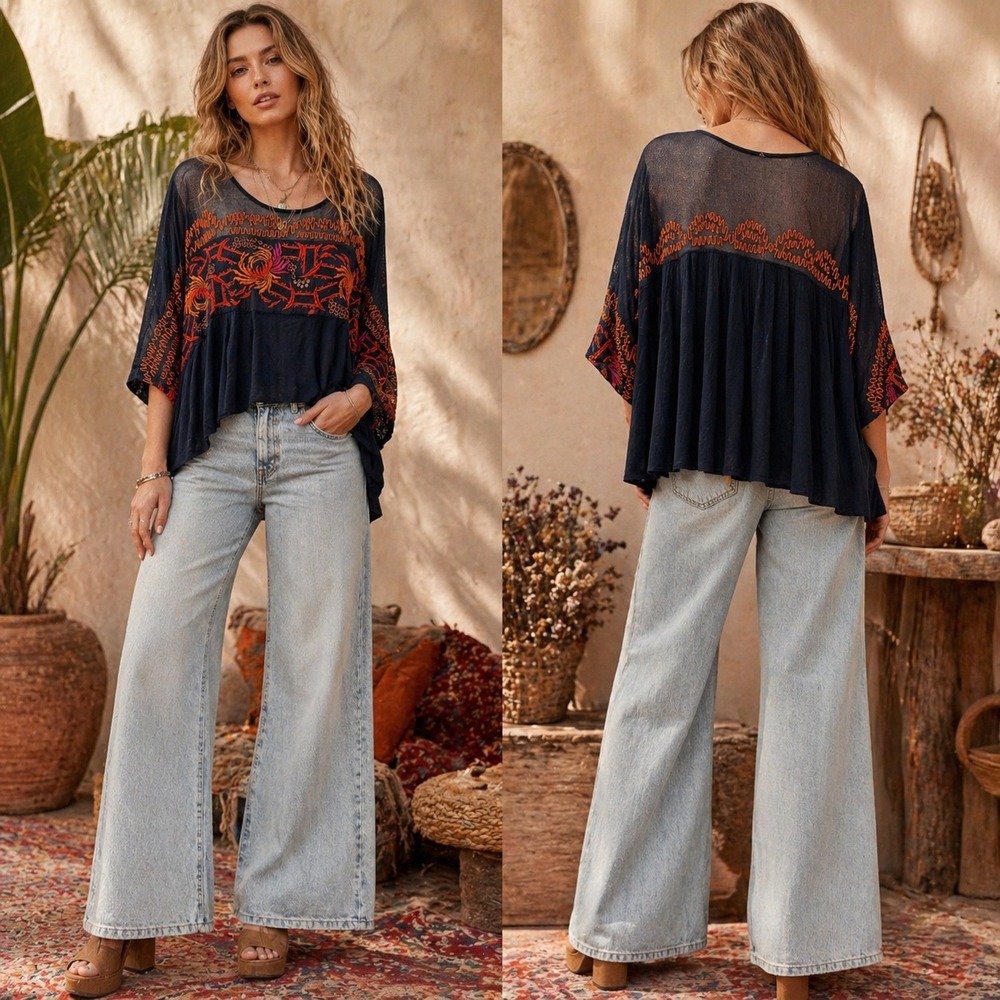Free People Boho Love Letter Oversized Navy Embroidered Linen Blend Top Medium